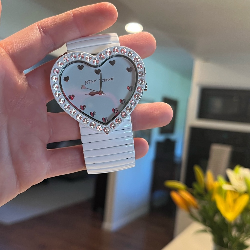 Betsy Johnson Crystal Paved White Heart Watch